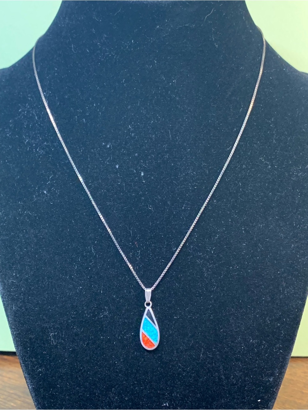 Sterling Silver Teardrop Pendant Necklace with Blue and Coral Inlay